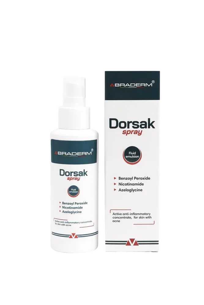 Активний протизапальний спрей з Бензоїл пероксидом 6% проти акне на тілі Braderm Dorsak Spray